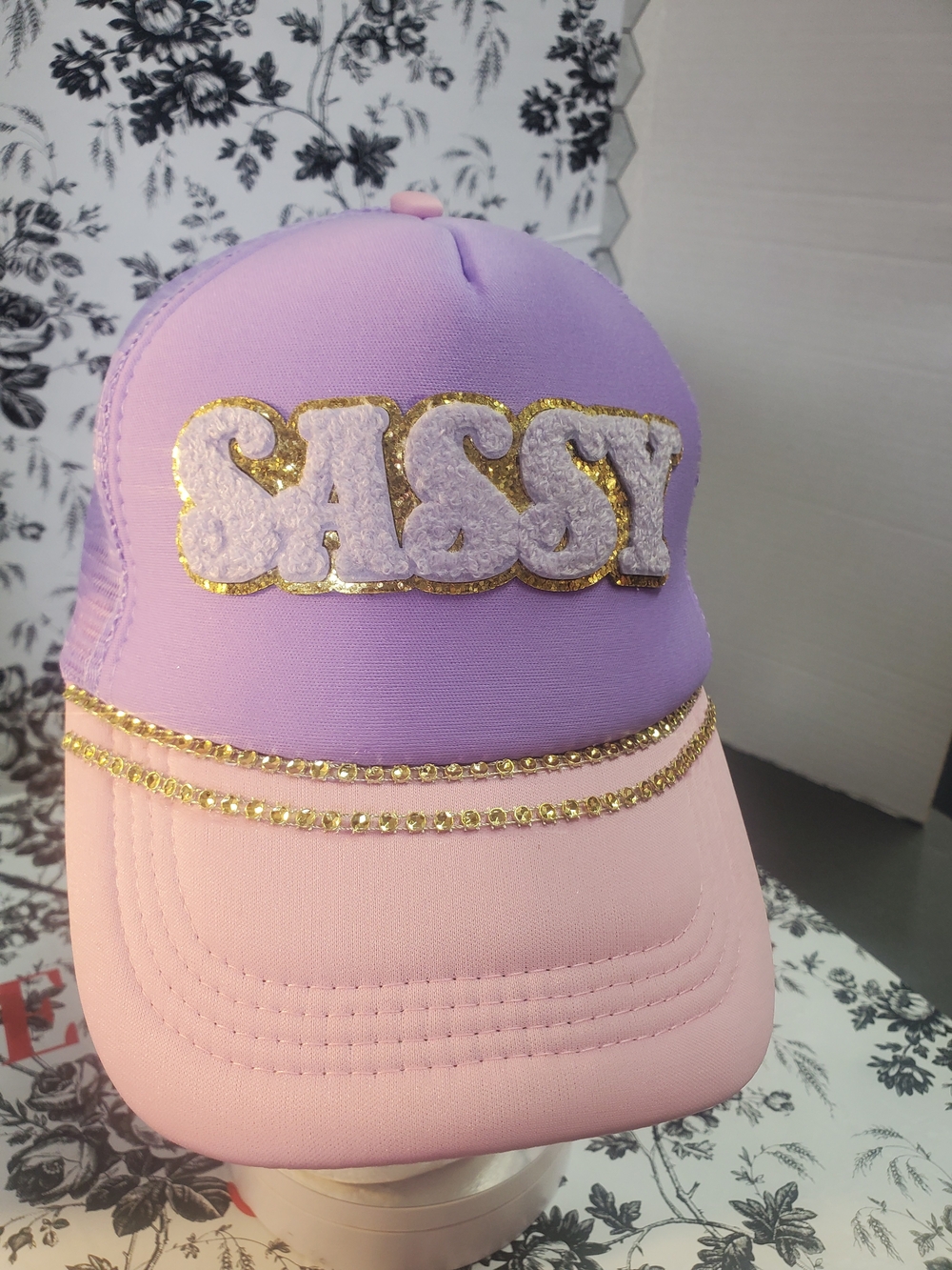 Hand Crafted Lavender & Pink 'SASSY' Cap with Gold Trim